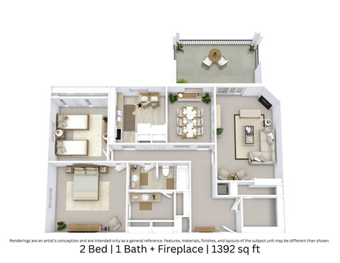 Floor plan for 2 beds, 1 bath, 1392 sqft